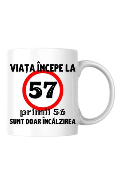 T&M Personalizare Cană personalizată - Viața începe la 57 de ani, albă, 330 ml