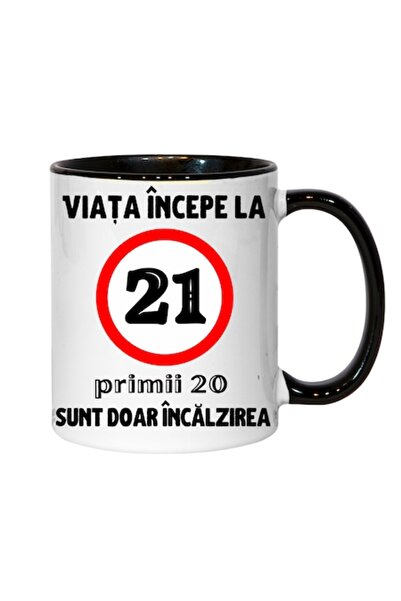 T&M Personalizare Cană personalizată - Viața începe la 21 de ani, neagră, 330 ml