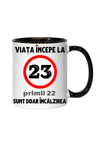 T&M Personalizare Cană personalizată - Viața începe la 23 de ani, neagră, 330 ml