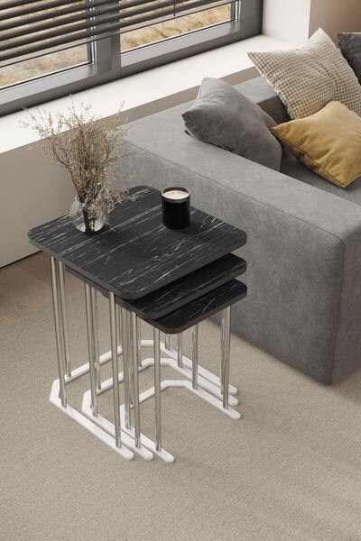 home plus mobilya 3' Lü Kare Zigon Sehpa Gümüş Ayak Siyah Mermer 18 mm Mdf