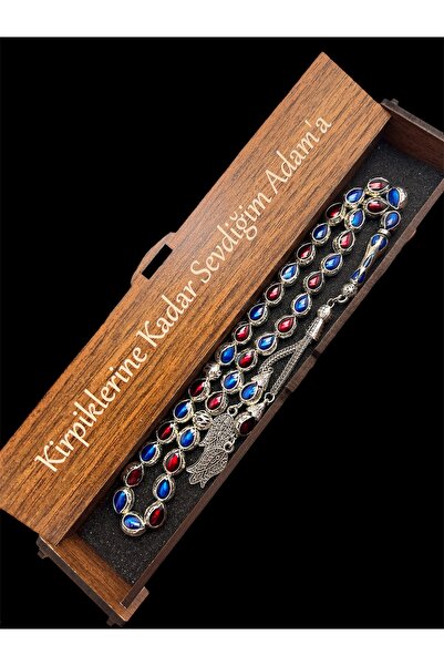 KANUNİ TESBİH Special Design Burgundy Blue Prayer Beads, Enamel Embroidered M...
