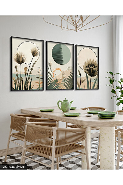 CeSht Boho Tarzı Suluboya Görünümlü 3 Parça Siyah Ahşap Çerçeveli Tablo