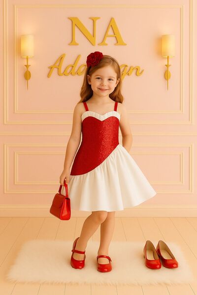 NA ADDESIGN Girls' Sweetheart Neck Sequined Two-Color Party Dress Sequined Children's Dress (Red-Black Option)