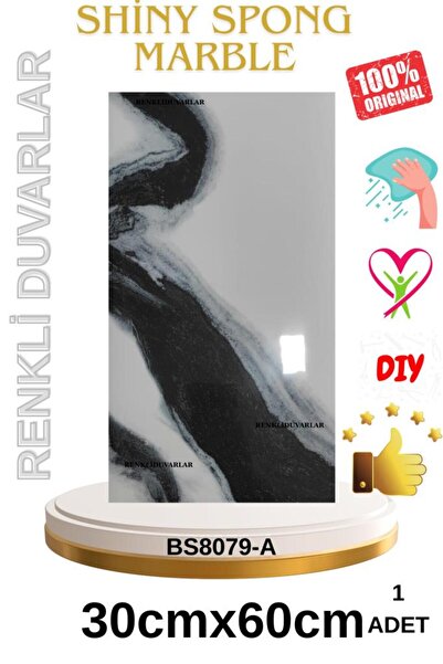 Renkli Duvarlar Shiny Alaca Mermer Desenli 60x30cm Yapışkanlı Mutfak Banyo Kaplama Duvar Paneli Kağıdı BS8079-A