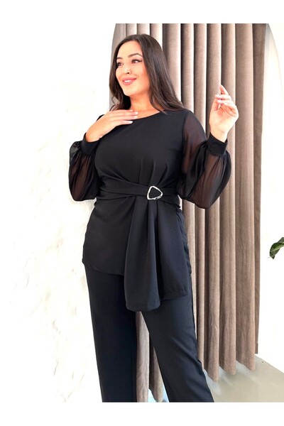 Şirin Butik Women's Plus Size Black Crew Neck Evening Dress Two-Piece Set