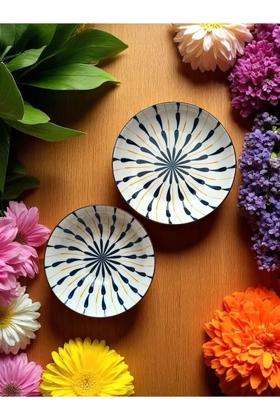 OEM Ceramic dinnerware set with blue radial abstract pattern