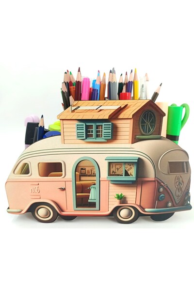 TuraLazerKesim Ahşap Toz Pembe Karavan Masaüstü Kalemlik Kalem Kutusu Ve Organizer