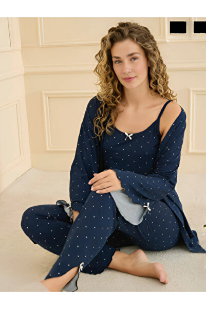 Mihra طقم روب صباحي نسائي من 3 قطع مع أكمام وتفاصيل ربط بشريط وحمالات