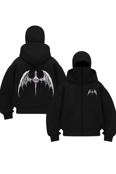 1blood Crna holo vatrena maska za sneg sa printom, unisex dukserica, kardigan