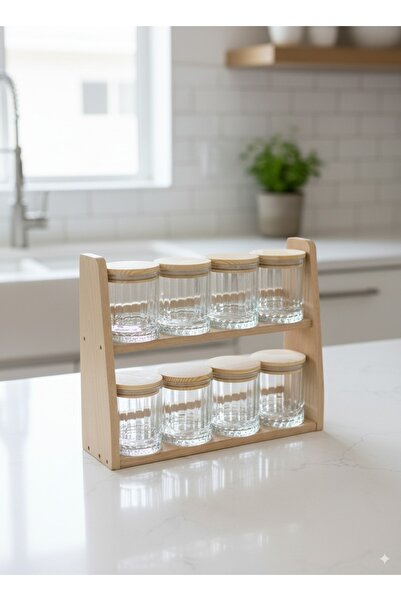 vivotti Laura Lotus-Set of 8 Vacuum Glass Spice Jars with Wooden Lid Storage ...