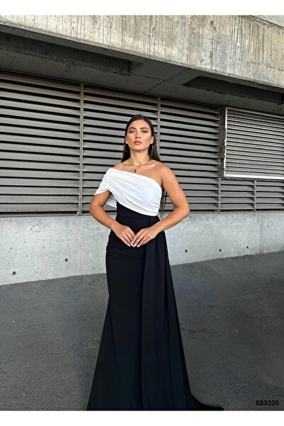 Modafeminen Flexible Crepe Fabric One Shoulder Aller Detail Embellished Evening Dress 583320 Black