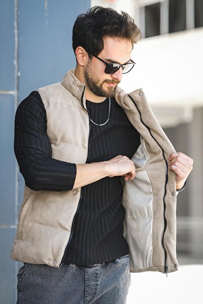 Oksit Taff Pocketed Stand Collar Filling Men's Puffer Suede Nubuck Vest