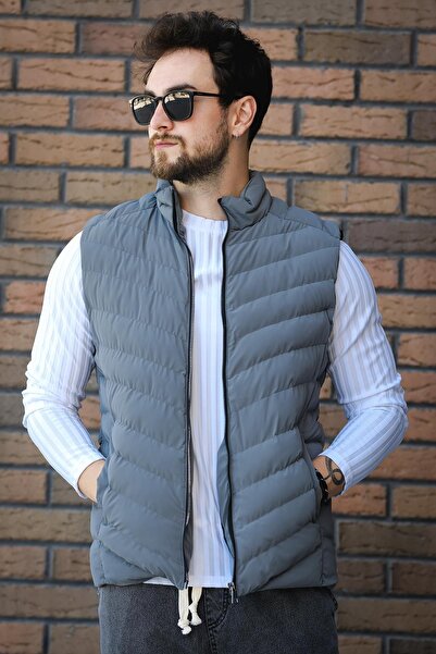 Oksit Faxy Pocketed Stand Collar Nova Shiny Fabric Men's Puffer Vest