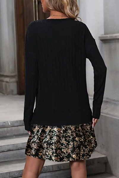 Mossta Crew Neck Ribbed Camisole Blouse and Skirt - Patterned