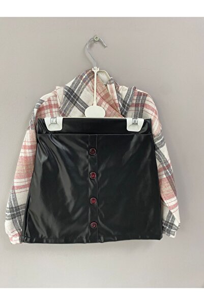 MONVOİ Leather Skirt with Plaid Detail Girl's Double Set