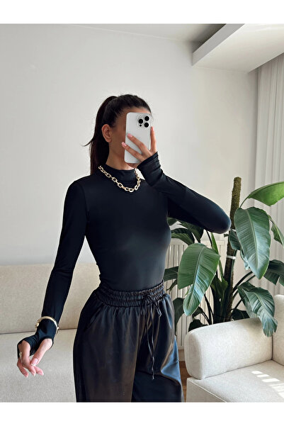 Zoom Butik Parmak Geçmeli Balıkçı Bodysuit - SİYAH