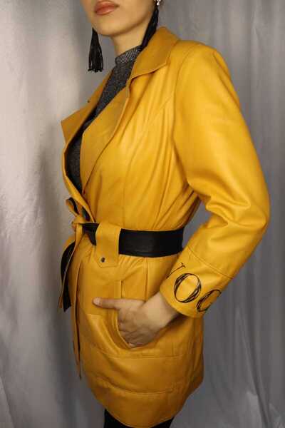 MİRENA LEATHER Kadın Sarı Hakiki Deri Trençkot