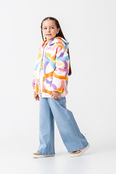 Magu Girls' Cotton Colorful Patterned Hooded Zippered Fleece Coat - Comfortable Outerwear