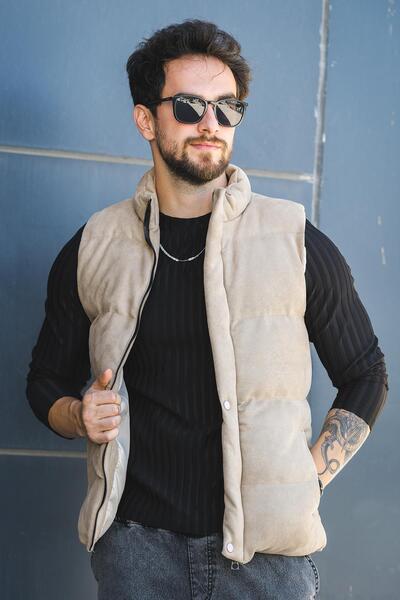 Oksit Taff Pocketed Stand Collar Filling Men's Puffer Suede Nubuck Vest