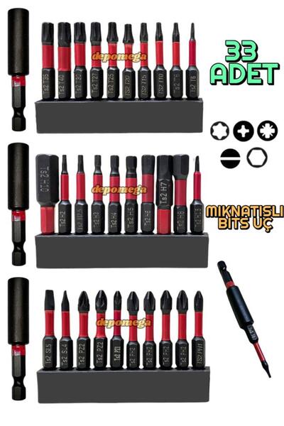 DepoMega 33 Parça Mıknatıslı Bits Uç Yıldız Düz Torx Hex S2 Çelik 50 MM Matkap Uç
