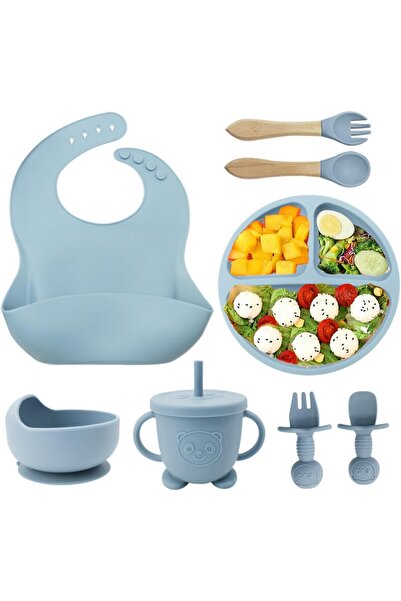 SKY TOUCH SKY-TOUCH 8 Pcs Silicone Baby Feeding Set, Baby Led Weaning Supplies with Suction Bowl Divided Plate
