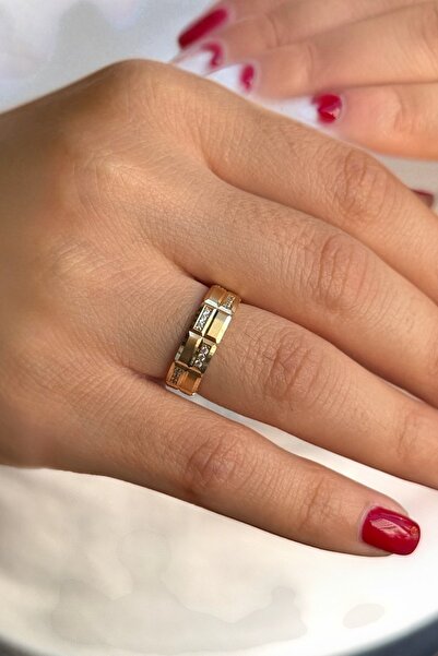 Utku Kuyumculuk 14 AYAR ÜSTÜ KALEMLİ VE KÜÇÜK TAŞLI 5 MM ALYANS YÜZÜK