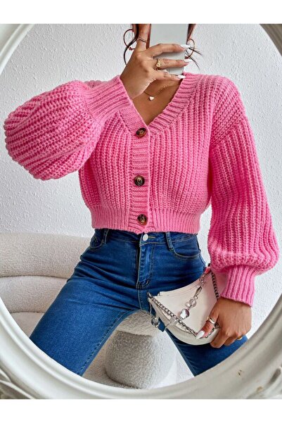 pepule Pink Knitted Button Detailed Ribbed Sleeve Women's Vest