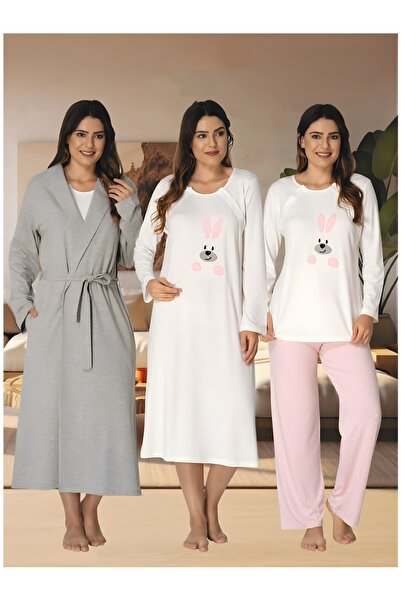 Lohussa Women's Pink Rabbit Long Sleeve Special Design Cotton Maternity Pajamas Set Nightgown Set