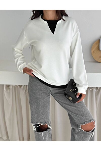 Noa Noa Modal Fabric V Detailed Long Sleeve Sweatshirt