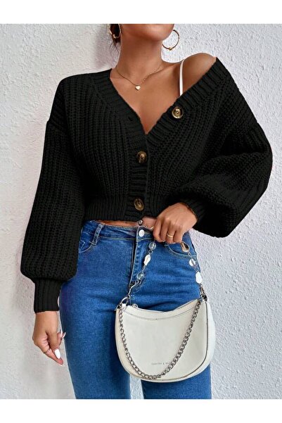 pepule Black Knitted Button Detailed Ribbed Sleeve Women's Vest