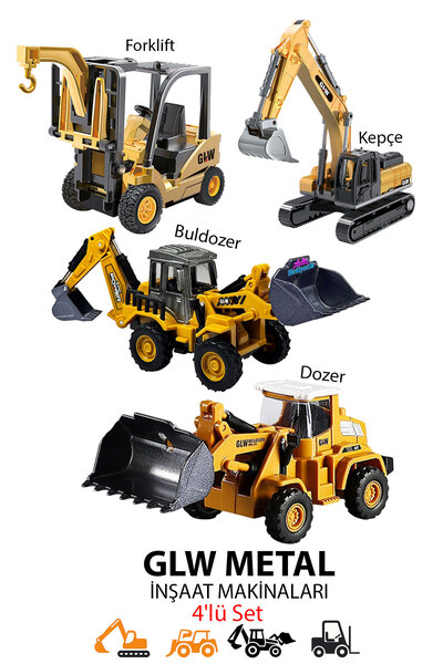 hediyecik مجموعة من 4 مركبات بناء معدنية مصبوبة، آلات عمل