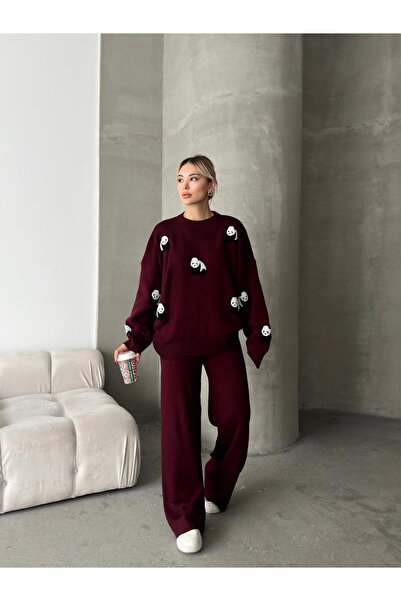 REDMİNA fashion Panda Patterned Top and Bottom Knitwear Set
