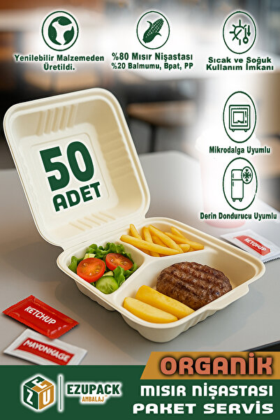 Ezupack 50 Adet ORGANİK 3 Üç Göz Paket Servis Yemek Kabı Mikrodalga Derindoru...