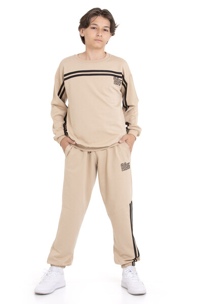 Cansın Mini Beige Stripe Detailed Crew Neck Boys Basic Tracksuit Set 21263