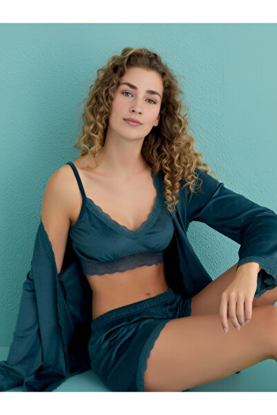 Mihra طقم روب نسائي مخملي مكون من 3 قطع مع تفاصيل دانتيل