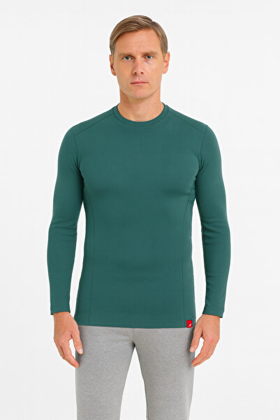 Cottonland Men's Rocco O Neck Medium Thick Ribbed Stretch Long Sleeve Cotton T-Shirt Dark Green