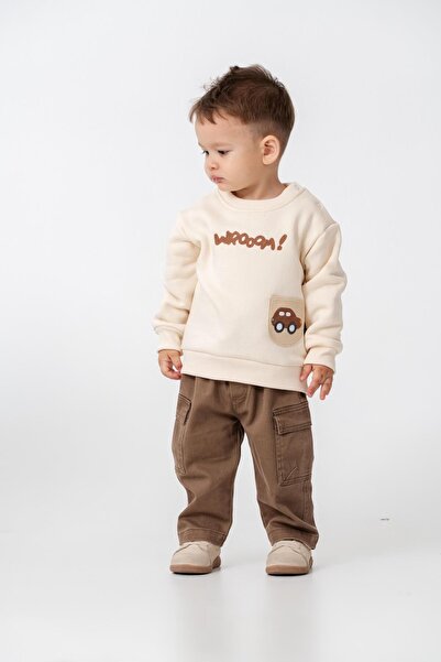 Magu Baby Boy Cotton Cream Car Print Sweatshirt and Brown Cargo Pants Set - Everyday Comfort