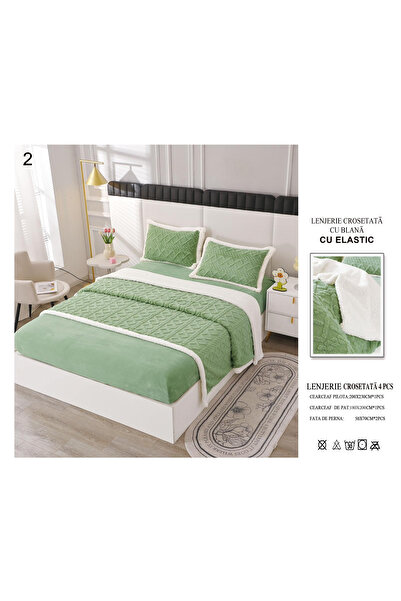 FIONNA.RO Knitted Bed Linen With Fur And Elastic - Pistachio Green