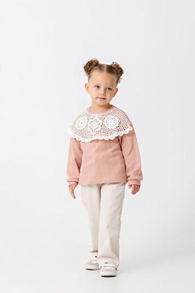 Magu Girls' Cotton Powder Pink Lace Collar Long Sleeve Blouse - Stylish Casual Style