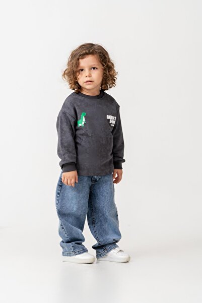 Magu Boys' Cotton Smoked Dinosaur Print Sweatshirt and Blue Jean Pants Set - Casual Comfortable Style