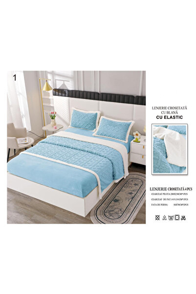 FIONNA.RO Lenjerie De Pat Tricotata Cu Blanita Si Elastic - Bleu