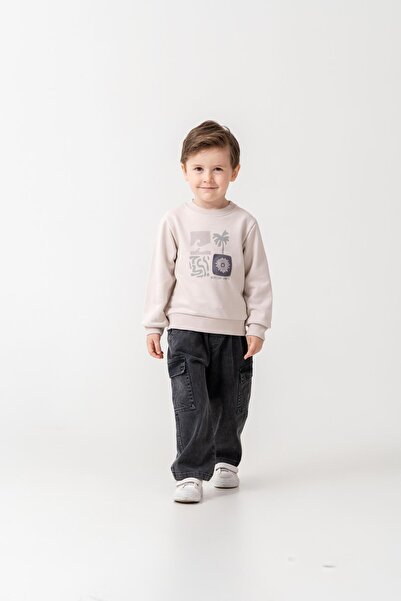Magu Boys' Cotton Beige Printed Sweatshirt and Black Cargo Pants Set - Casual Comfortable Combination