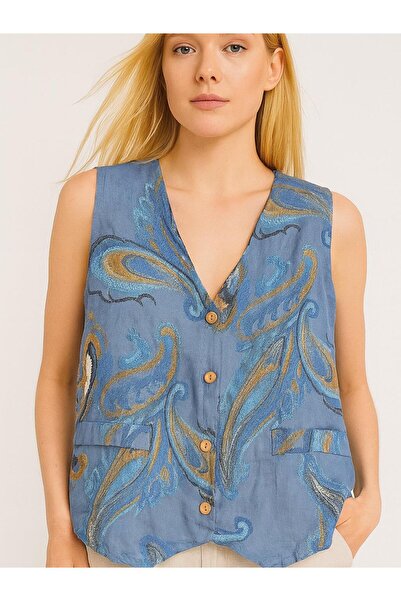 Butik İtalyan Keten Yelek - MAVİ
