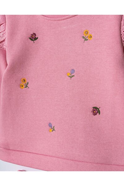 Magu Girl's Cotton Pink Floral Embroidered Lace Detailed Sweatshirt and Sweatpants Set