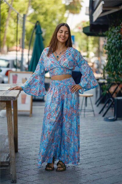 Miss Boheme Turquoise Color Gold Detailed Silk Pants Blouse Set