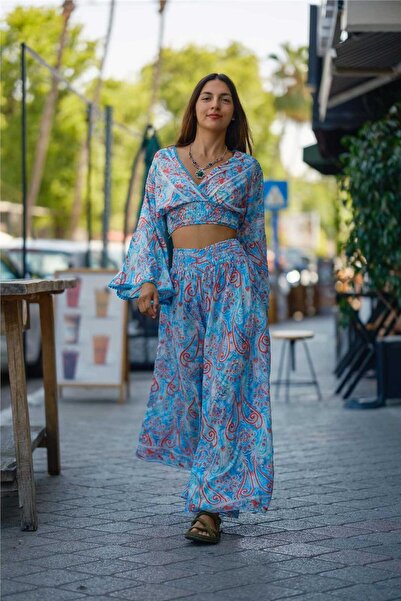 Miss Boheme Turquoise Color Gold Detailed Silk Pants Blouse Set