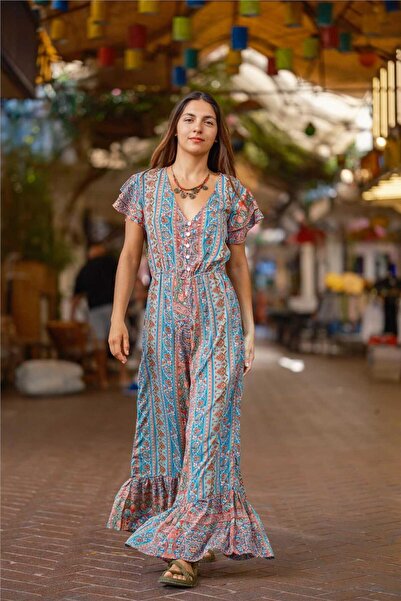 Miss Boheme Turquoise Color Button Detailed Floral Garden Silk Jumpsuit