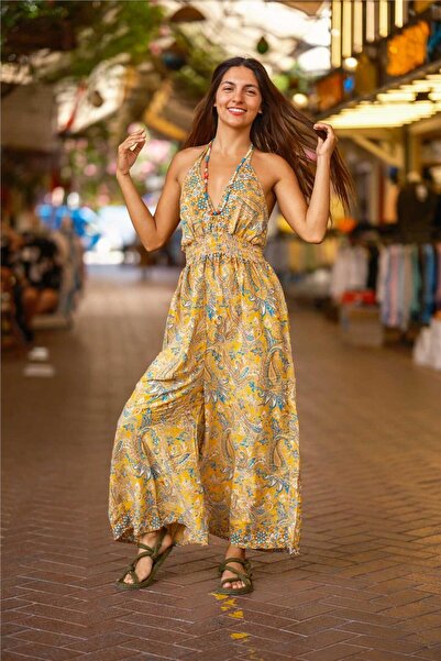 Miss Boheme Yellow Color Halter Neck Backless Silk Jumpsuit