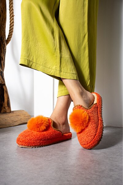 Moda Devrin Orange Ponpon Winter Women's Slippers