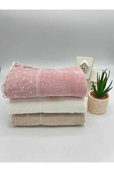 LenaToptan طقم مناشف وجه من الدانتيل المزخرف بثلاثة ألوان مقاس 50×90 سم (هدية...